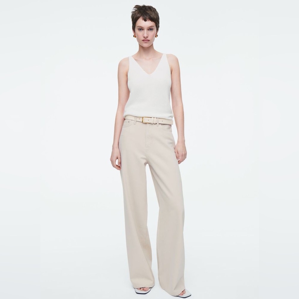 COS Wide-Leg Flare Jeans in Light Beige and Ivory